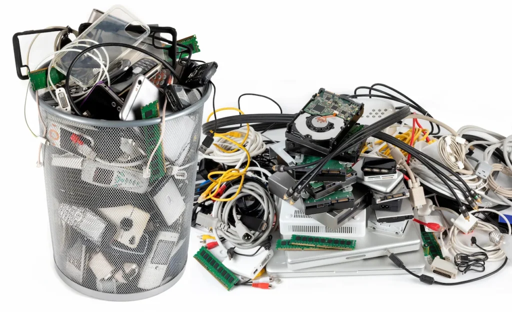 Affordable Junk Removal - Large pile of electronic waste including cables, circuit boards, and computer parts in an overflowing trash bin.